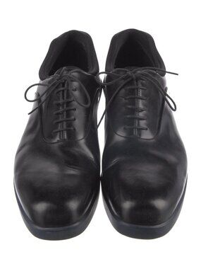 Prada Mens Black Leather Platform Oxford Shoes US 11.5 Lace-Up Navy Rubber Sole